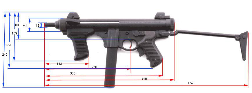 Beretta Submachine gun model 12 dimension 